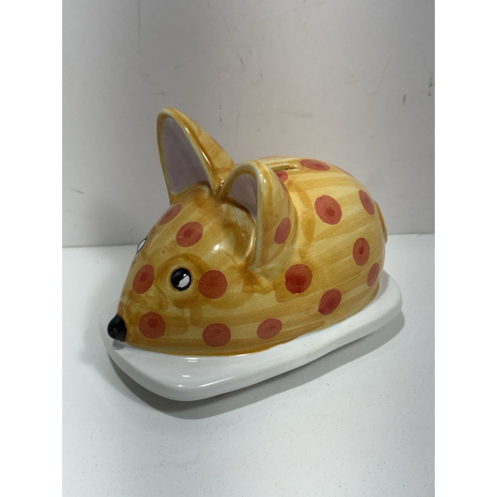 RARE VINTAGE Italy Ceramic Mice Mouse Coin Bank Piggybank Yellow Red Polka Dots - Picture 1 of 7